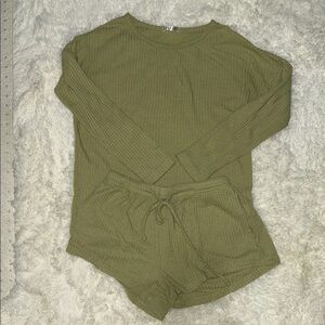 Olive Green Long Sleeve and Shorts Pajama Set